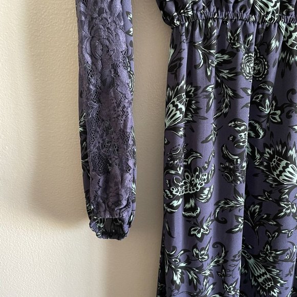 Belle+Sky Womn S Blue Floral Lace Detail Boho High Neck Cutout Tiered Maxi Dress - Picture 3 of 8